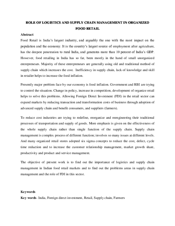 (PDF) ROLE OF LOGISTICS AND SUPPLY CHAIN MANAGEMENT IN ORGANIZED FOOD ...
