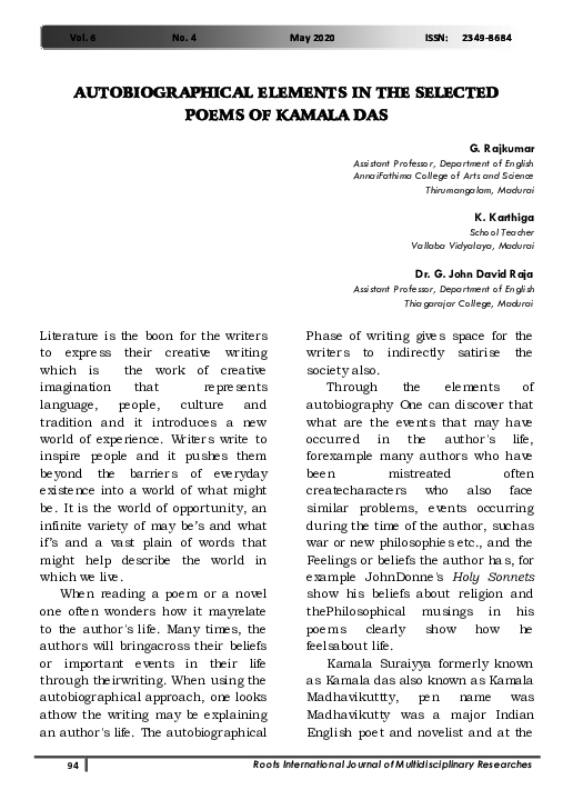 (PDF) AUTOBIOGRAPHICAL ELEMENTS IN THE SELECTED POEMS OF KAMALA DAS
