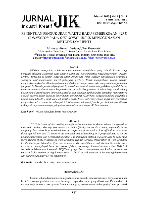 (PDF) PENENTUAN PENGUKURAN WAKTU BAKU PEMERIKSAAN WIRE CONNECTOR PADA