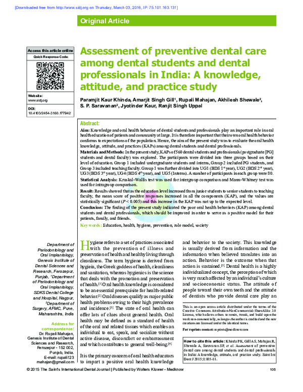(PDF) Assessment of preventive dental care among dental students and ...