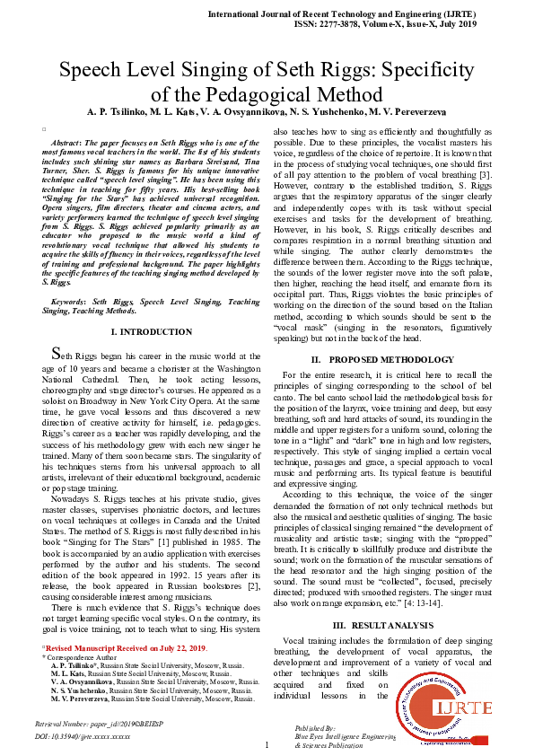 (DOC) Speech Level Singing of Seth Riggs: Specificity of the ...