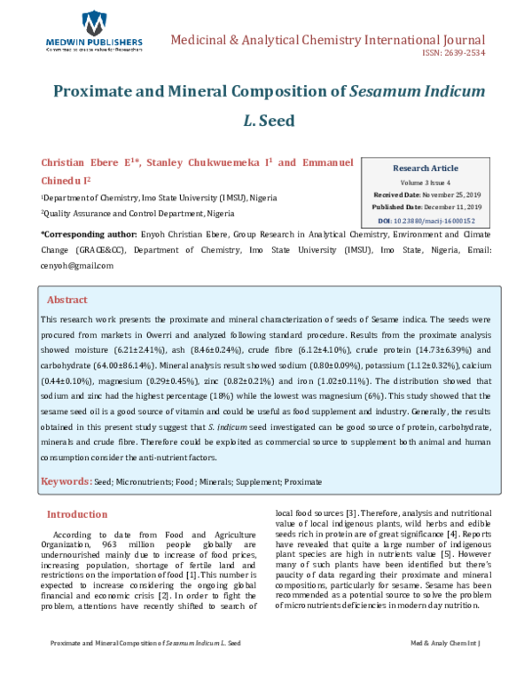 (PDF) Proximate and Mineral Composition of Sesamum Indicum L. Seed