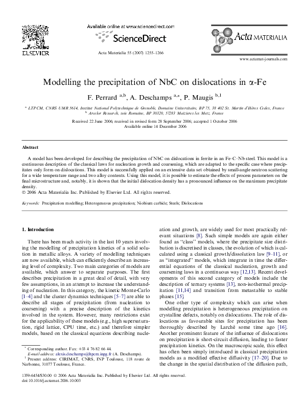 (PDF) Modelling the precipitation of NbC on dislocations in a-Fe