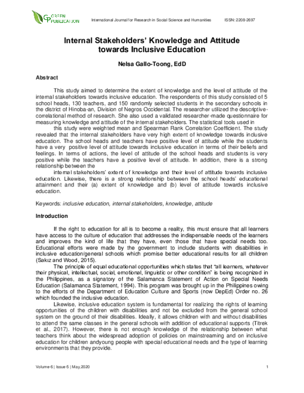 (PDF) Internal Stakeholders' Knowledge and Attitude towards Inclusive ...