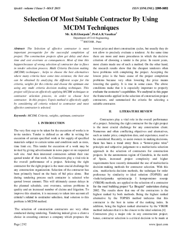 (PDF) Selection Of Most Suitable Contractor By Using MCDM Techniques