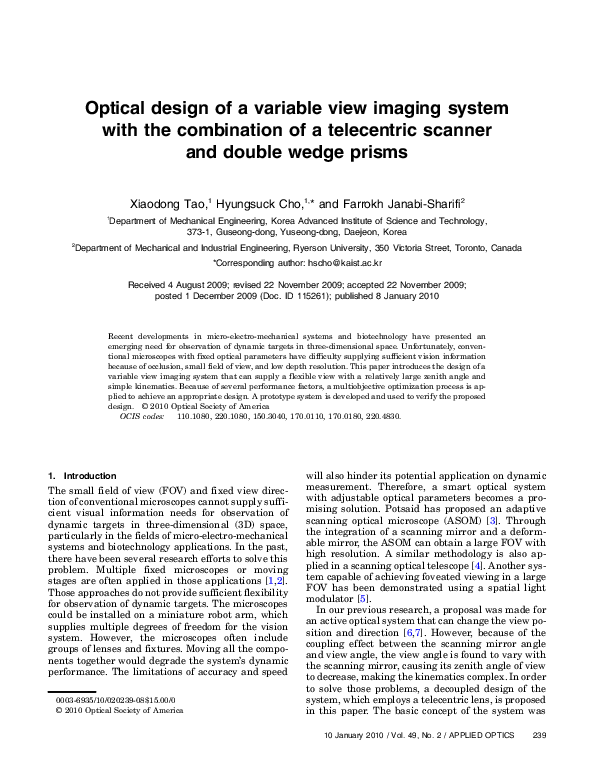 (PDF) Optical design of a variable view imaging system with the ...