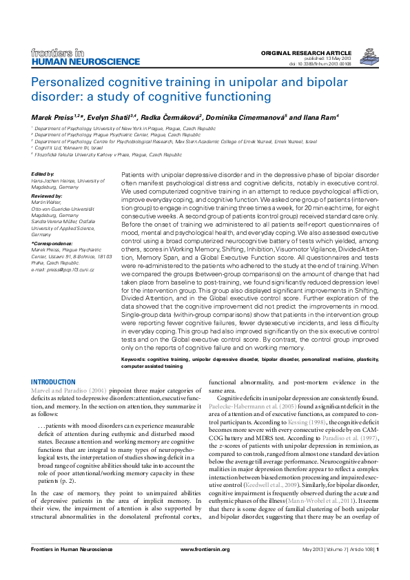 (PDF) Personalized Cognitive Training in Unipolar and Bipolar Disorder ...