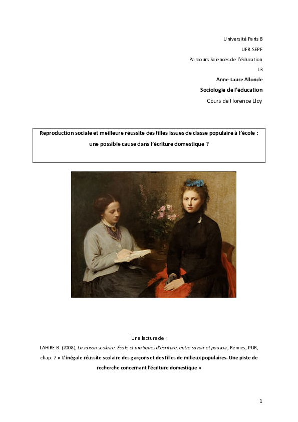 (PDF) Reproduction sociale et meilleure réussite des filles issues de ...