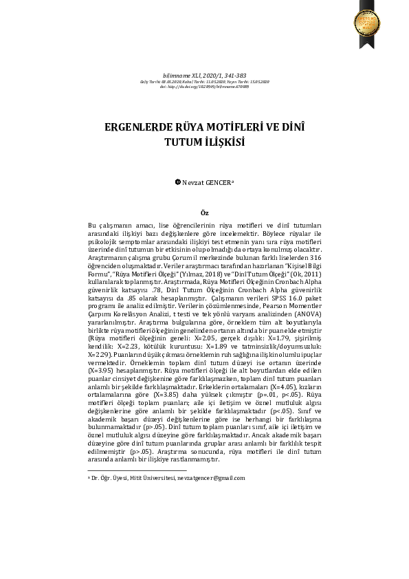 (PDF) ERGENLERDE RÜYA MOTİFLERİ VE DİNÎ TUTUM İLİŞKİSİ | Nevzat GENCER
