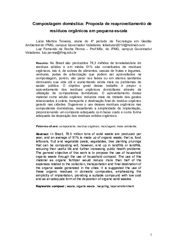 (PDF) Compostagem doméstica: Proposta de reaproveitamento de resíduos ...