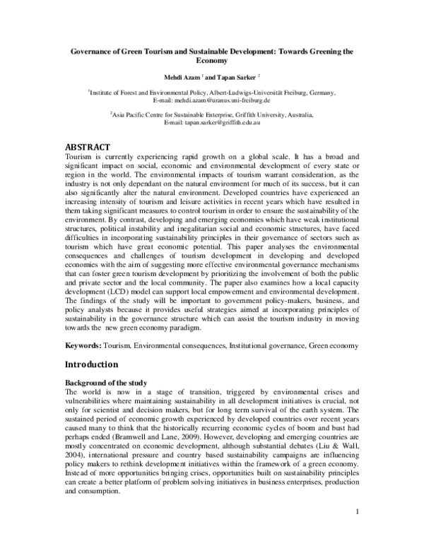 (PDF) Governance of Green Tourism and Sustainable Development: Towards ...