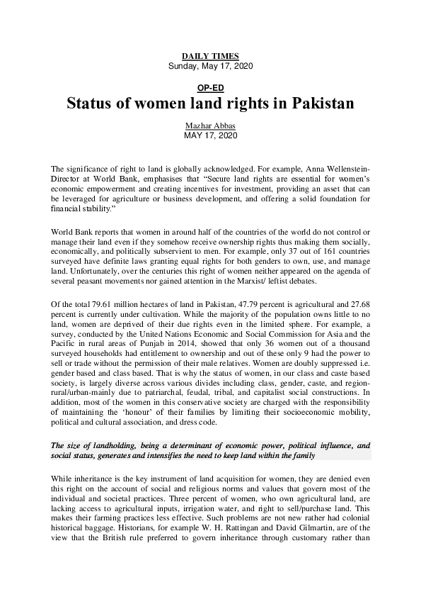 (PDF) Status of Women Land Rights in Pakistan
