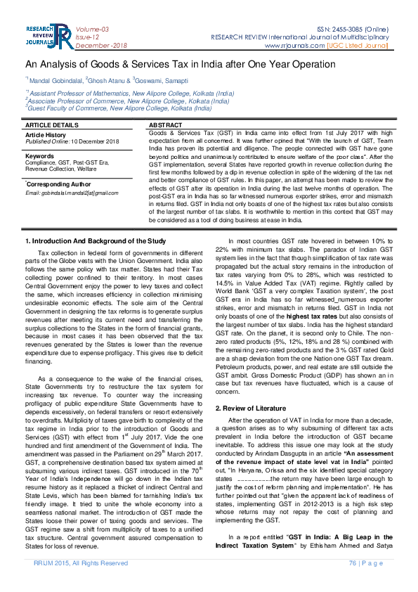 (PDF) An Analysis of Goods & Services Tax in India after One Year Operation