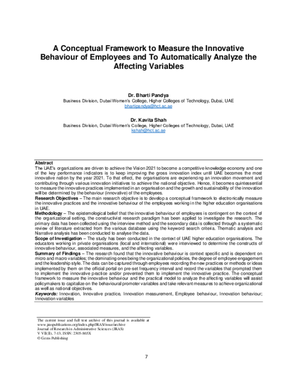 (PDF) A conceptual framework to measure innovative behaviour published ...