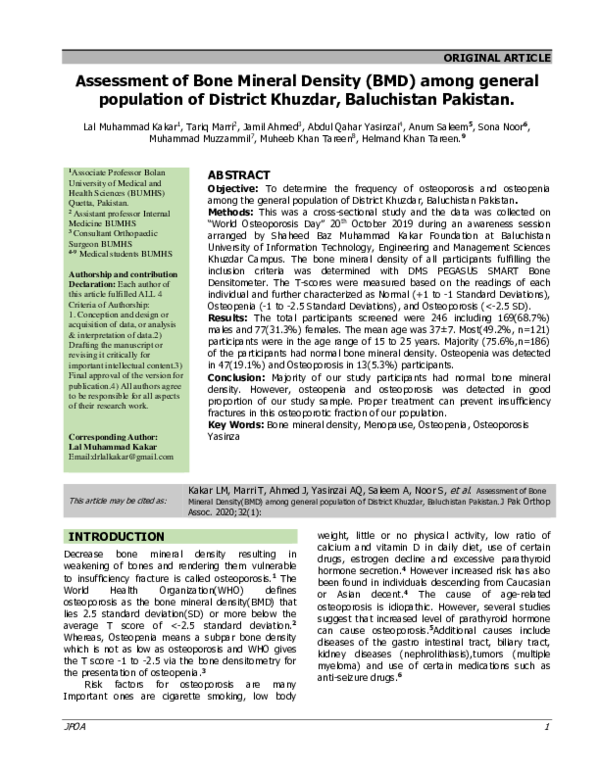 (PDF) Assessment of Bone Mineral Density (BMD) among general population ...