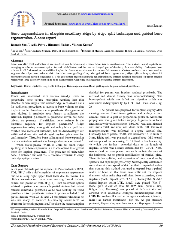 Pdf Bone Augmentation In Atrophic Maxillary Ridge By Ridge Split