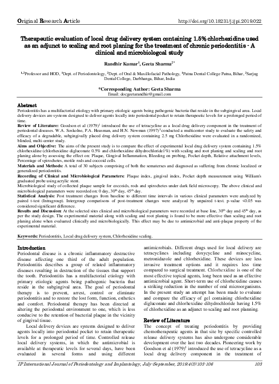 (PDF) Therapeutic evaluation of local drug delivery system containing 1 ...