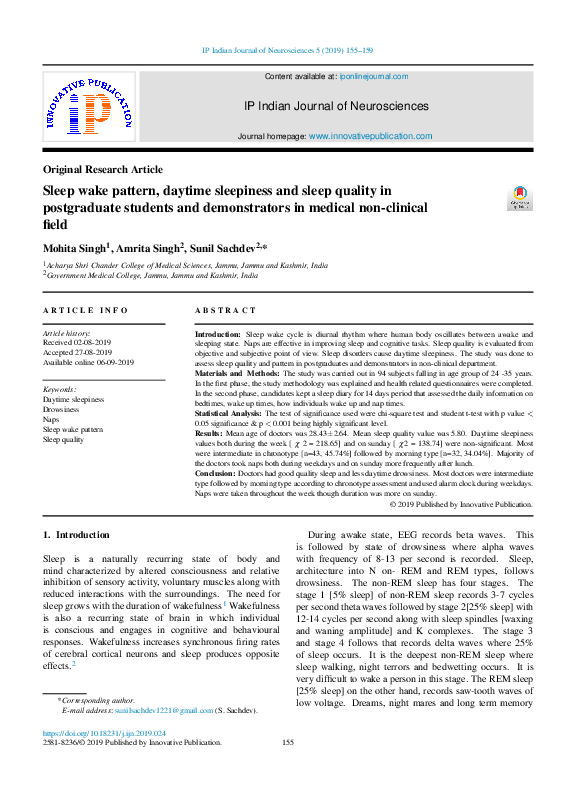 (PDF) Sleep wake pattern, daytime sleepiness and sleep quality in ...