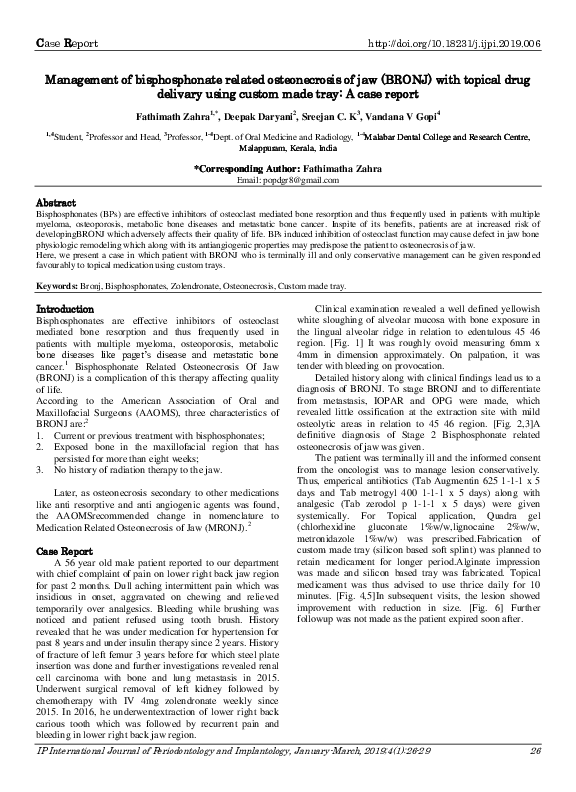 (PDF) Management of bisphosphonate related osteonecrosis of jaw (BRONJ ...