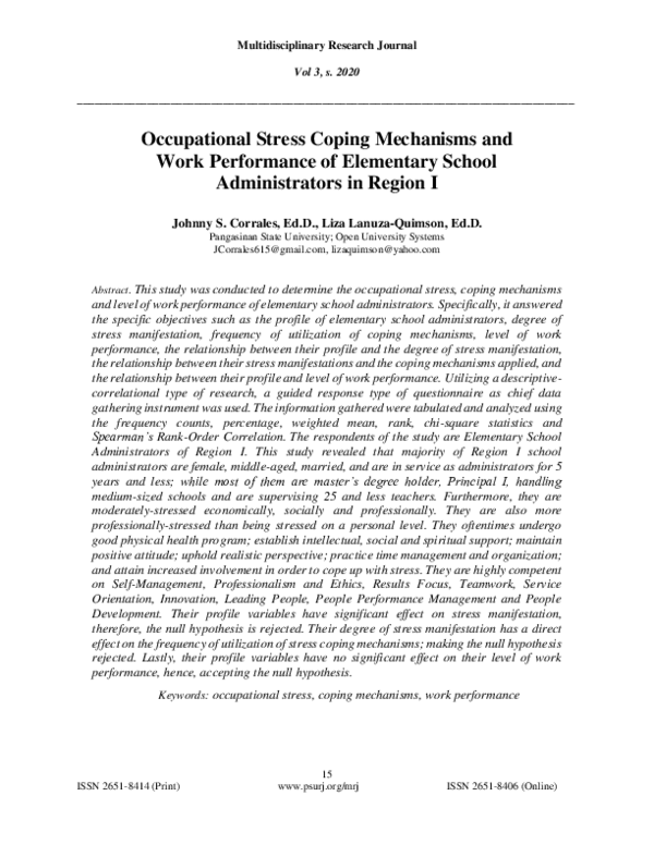 (PDF) Occupational Stress Coping Mechanisms and Work Performance of ...