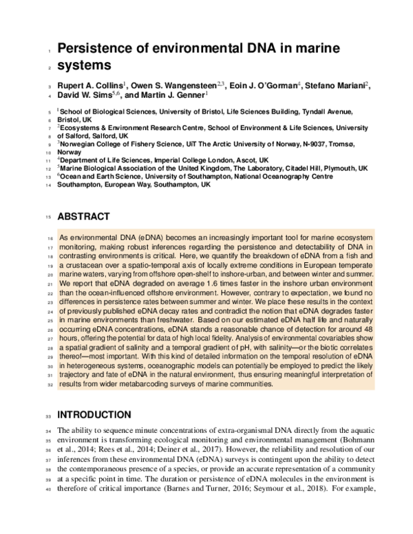 (PDF) Persistence of environmental DNA in marine systems