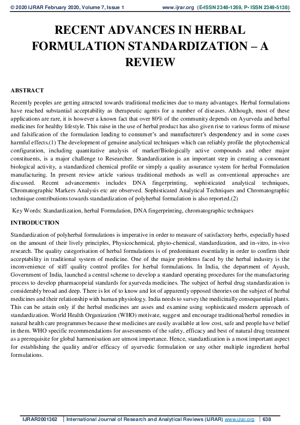 (PDF) RECENT ADVANCES IN HERBAL FORMULATION STANDARDIZATION -A REVIEW
