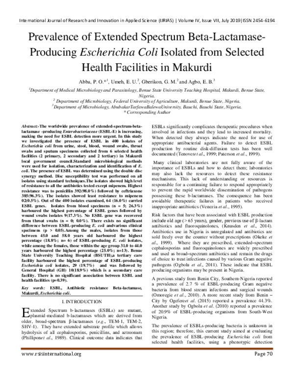 (PDF) Prevalence of Extended Spectrum Beta-Lactamase- Producing ...