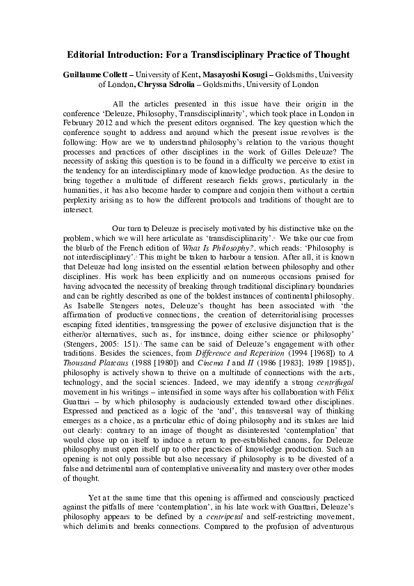 (PDF) Editorial Introduction. For a Transdisciplinary Practice of Thought