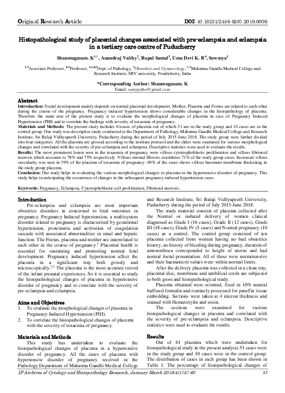 (PDF) Histopathological study of placental changes associated with pre