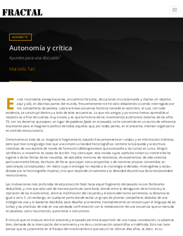 TARÍ, MARCELLO: Autonomía y Crítica.Apuntes para una discusión (trad. Armando Cintra)