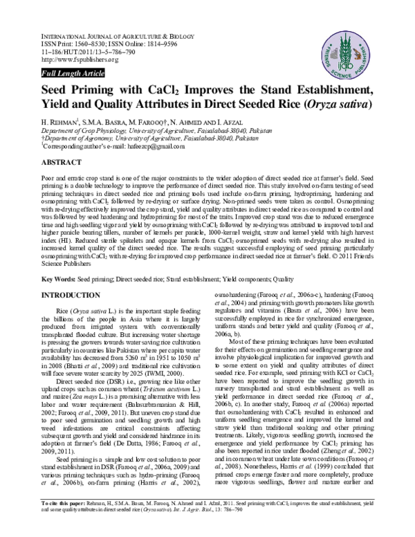 (PDF) Seed priming with CaCl2 improves the stand establishment, yield and quality attributes in