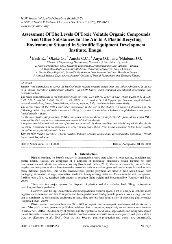 (PDF) Assessment Of The Levels Of Toxic Volatile Organic Compounds And