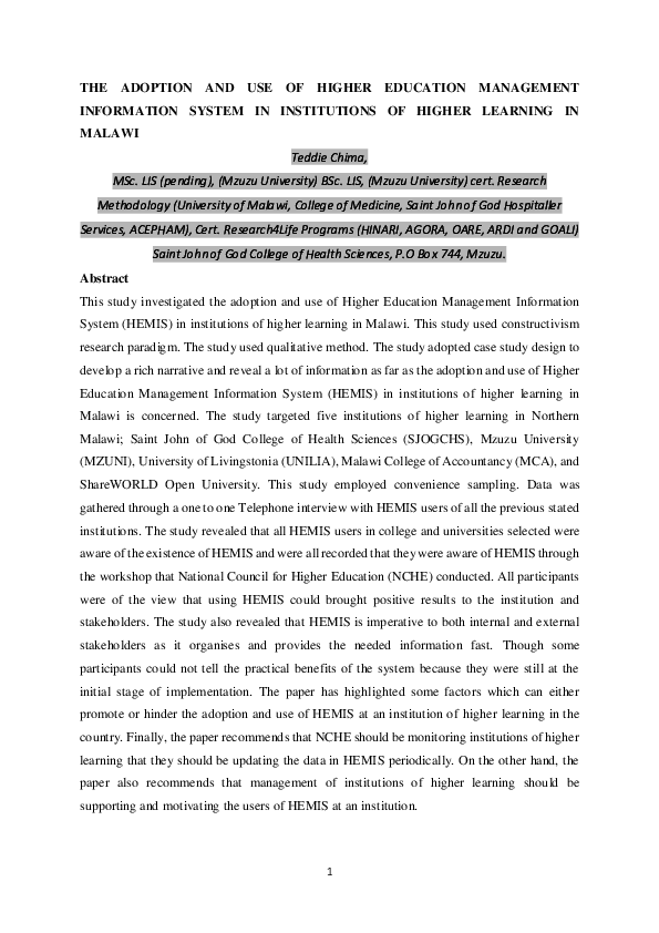 (PDF) THE ADOPTION AND USE OF HIGHER EDUCATION MANAGEMENT INFORMATION ...