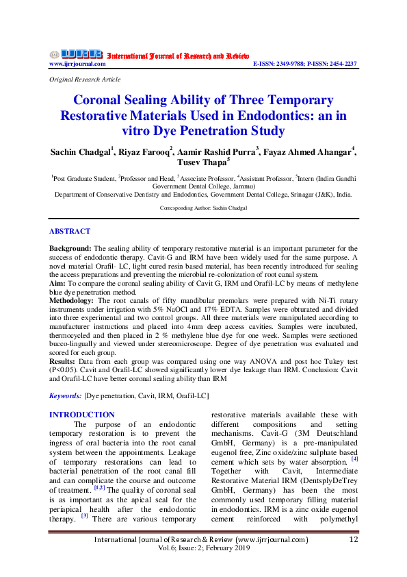 (PDF) Coronal Sealing Ability of Three Temporary Restorative Materials