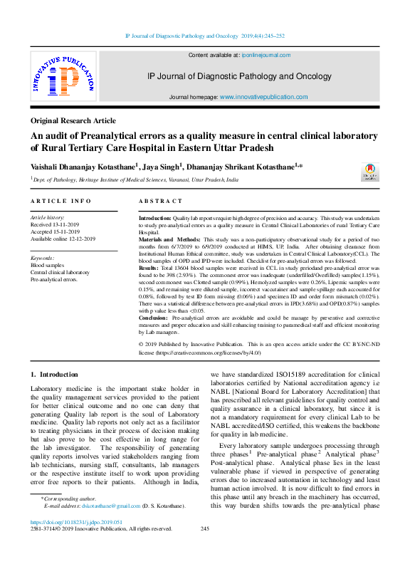 (PDF) An audit of Preanalytical errors as a quality measure in central ...
