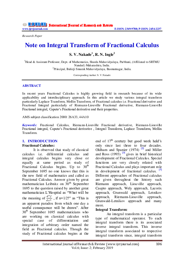 Pdf Note On Integral Transform Of Fractional Calculus