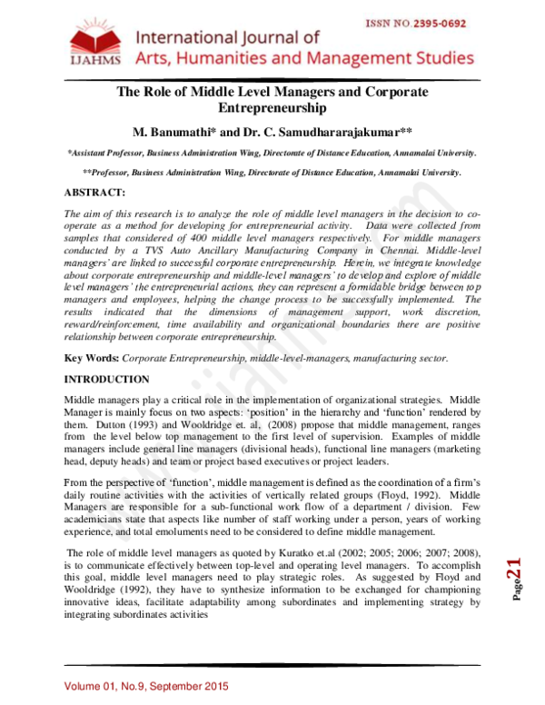 PDF The Role Of Middle Level Managers And Corporate Entrepreneurship PDF The Role Of Middle Level Managers And Corporate Entrepreneurship
