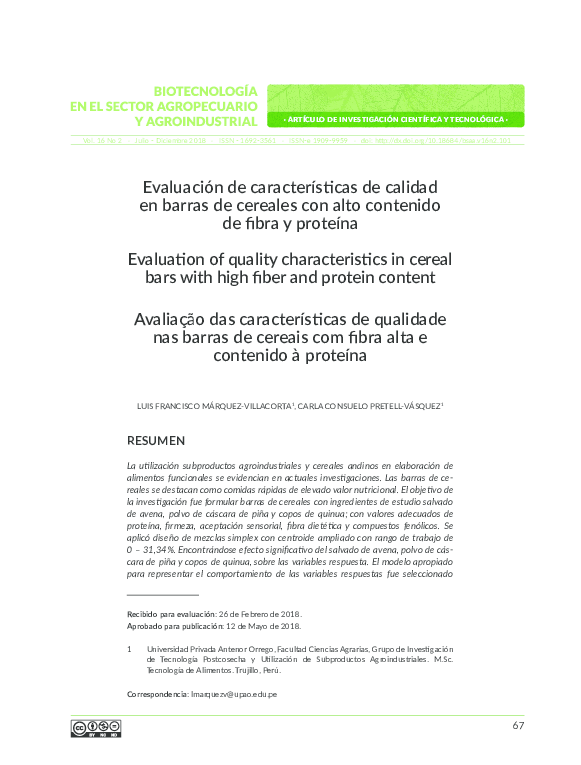 (PDF) Evaluation of quality characteristics in cereal bars with high ...