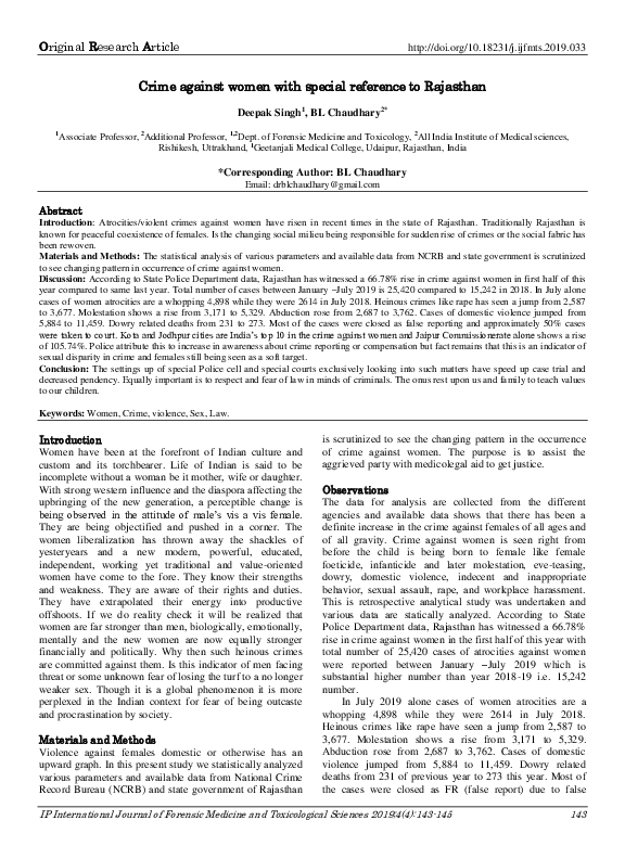 (PDF) Crime against women with special reference to Rajasthan