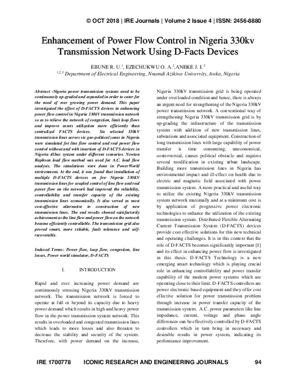 (PDF) Enhancement of Power Flow Control in Nigeria 330kv Transmission