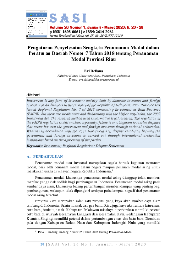 (PDF) Pengaturan Penyelesaian Sengketa Penanaman Modal (PDF) Pengaturan Penyelesaian Sengketa Penanaman Modal
