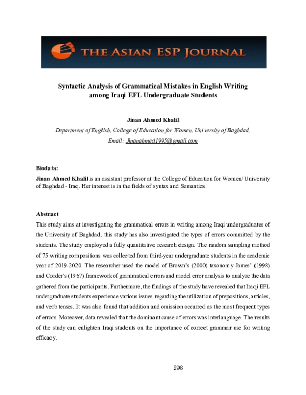 (PDF) Syntactic Analysis of Grammatical Mistakes in English Writing ...