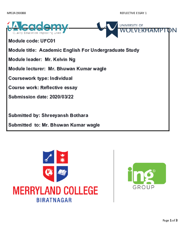 (DOC) Coursework type: Individual Course work: Reflective essay
