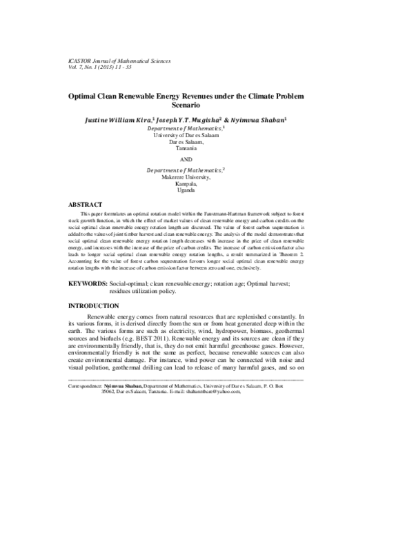 (PDF) Optimal Clean Renewable Energy Revenues under the Climate Problem ...