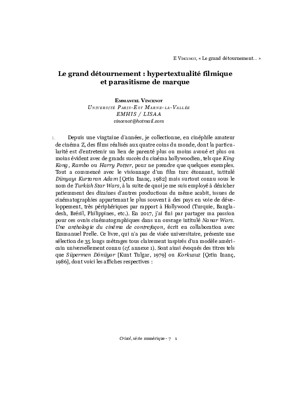 (PDF) Le grand détournement : hypertextualité filmique et parasitisme ...
