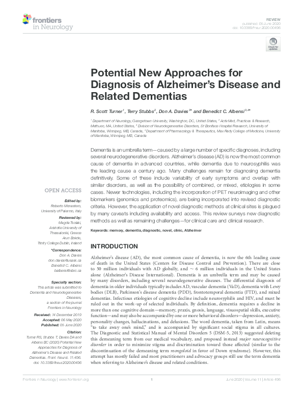 (PDF) Potential New Approaches for Diagnosis of Alzheimer's Disease and ...