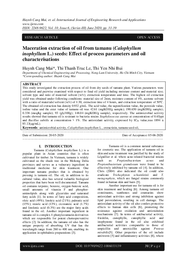(PDF) Maceration extraction of oil from tamanu (Calophyllum inophyllum