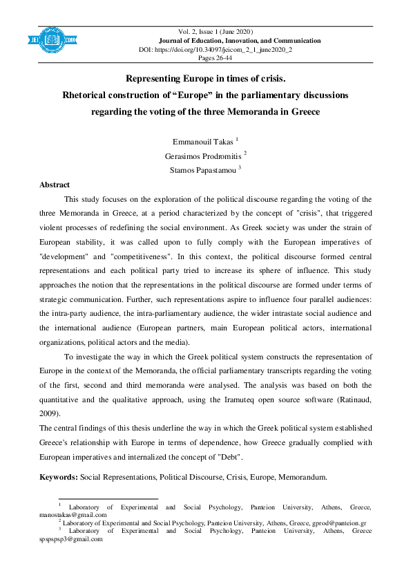 (PDF) Representing Europe in times of crisis. Rhetorical construction ...