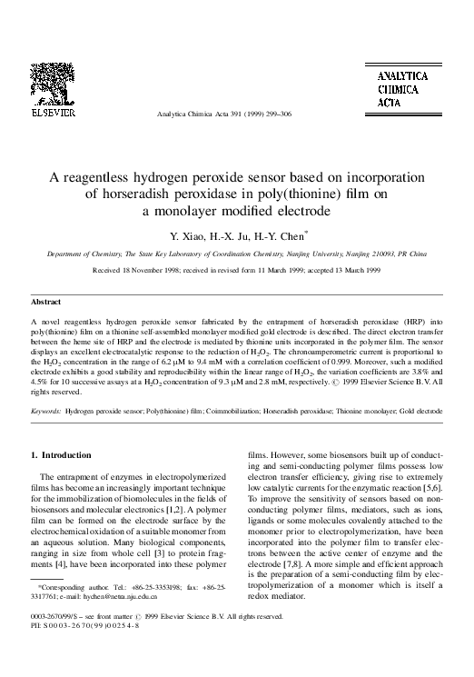 (PDF) A reagentless hydrogen peroxide sensor based on incorporation of