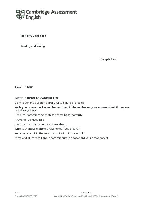 (PDF) A2 Key 2020 sample tests Reading and Writing question paper